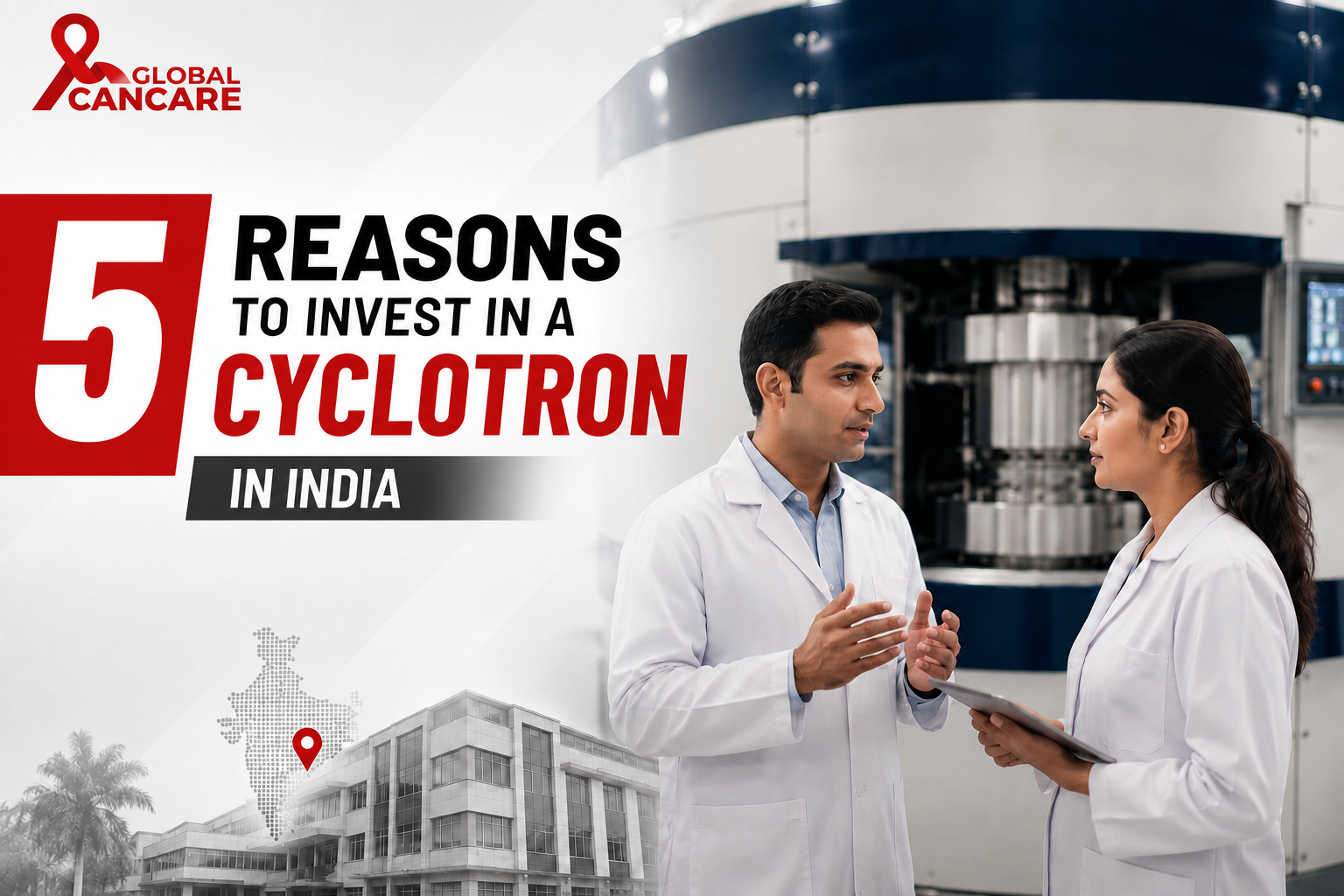 Medical cyclotron machine in India producing PET radioisotopes for cancer diagnosis and nuclear medicine at a modern healthcare facility.